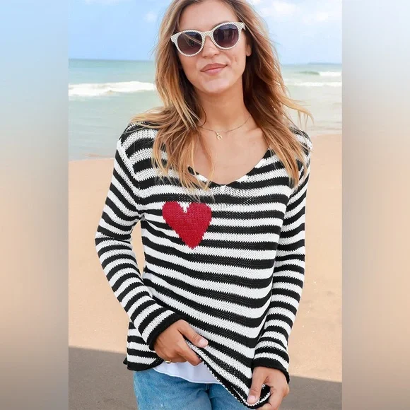 WOODEN SHIPS Eloise Heart V Neck Cotton Sweater Black and White Stripes Size S/M - Picture 1 of 8